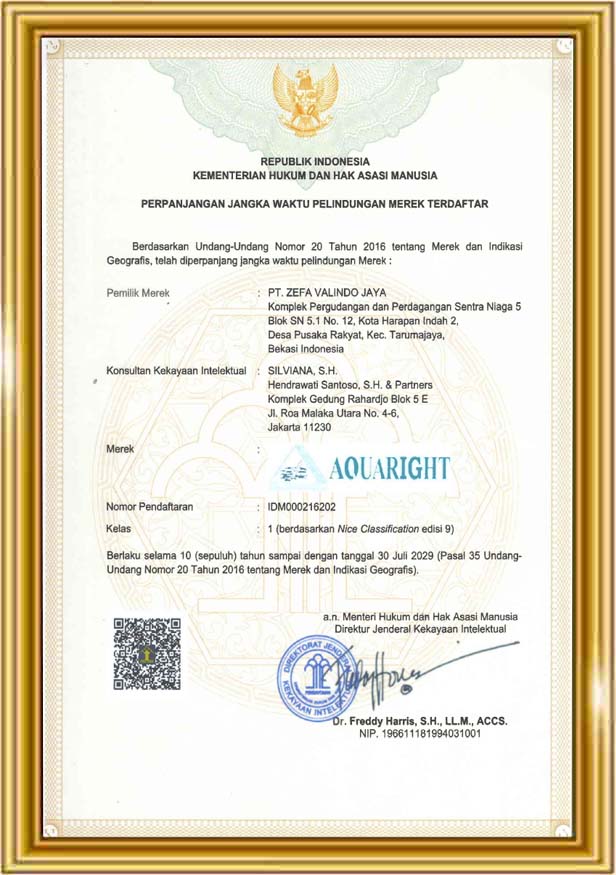 AQUARIGHT adalah merek dagang terdaftar yang secara resmi dilindungi oleh Kementerian Hukum dan Hak Asasi Manusia Republik Indonesia dan digunakan sebagai identitas merek untuk produk specialty chemicals kami (boiler, cooling system, RO, cleaning, WWTP, dll).